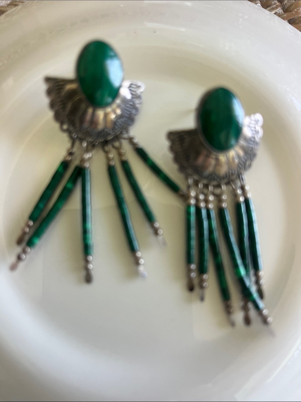 Vintage Southwestern signed TK silver & Malachite green dangle beaded earrings